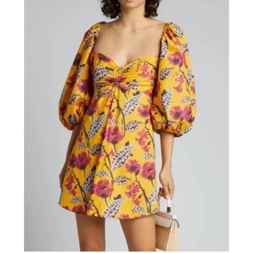 A.L.C. Elle Yellow Floral Puff Sleeve Mini sweetheart neck Dress in Size 0
